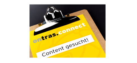 Ein Klemmbrett mit gelbem Flyer mit dem Schriftzug ONTRAS connect und einem dargestelltem Suchfeld, in dem Content gesucht wird.