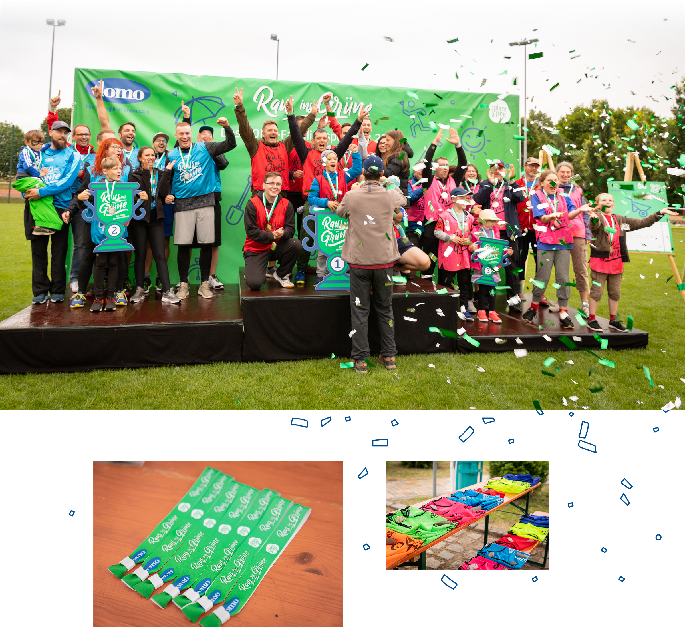 Grüne Einlassbändchen liegen auf einem Holztisch. Auf Bierbänken liegen T-Shirts in den Teamfarben Grün, Orange, Pink, Blau, Gelb, Rot und Dunkelblau bereit.
