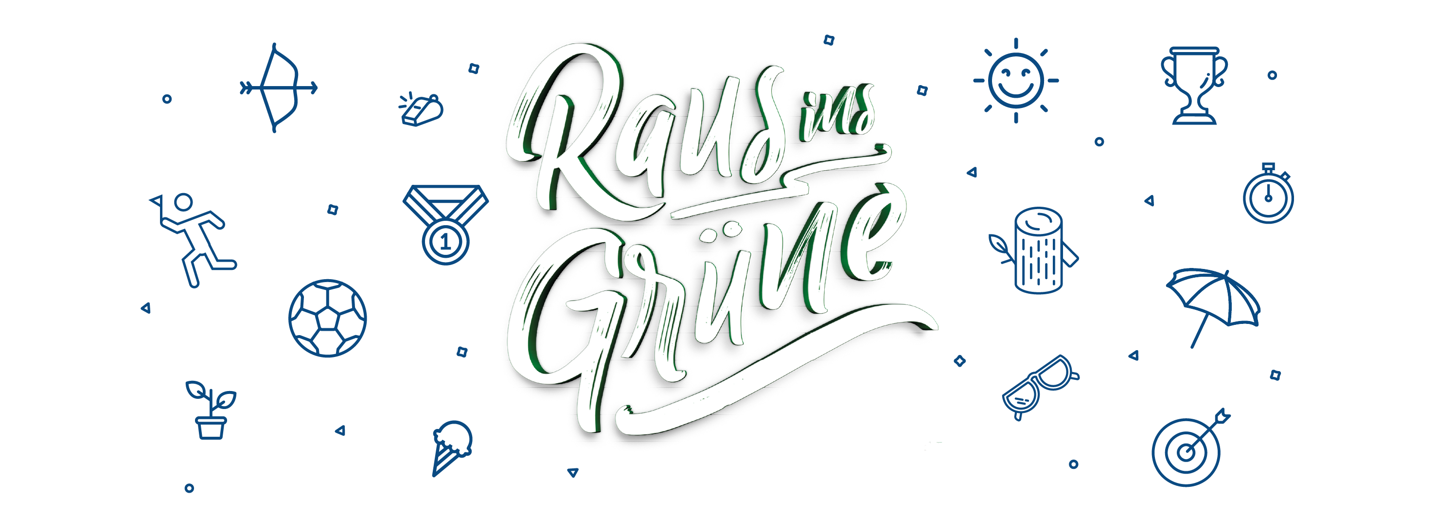 Das Motto der Veranstaltung „Raus ins Grüne“ wird von verschiedenen Symbolen, die mit Sport verbunden sind, umrahmt.